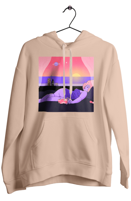 Чоловіче худі з принтом "Фіолетова Дівчина На Відпочинку". Дівчина, захід, телефон. 2070702