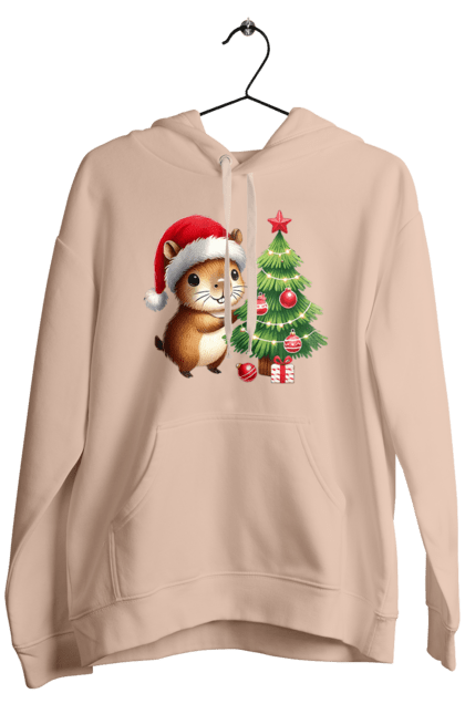 Men's hoodie with prints Christmas Capybara with a Tree. Animal, capybara, christmas, christmas capybara, christmas tree, gift, holiday, new year, new year`s gift, santa. 2070702