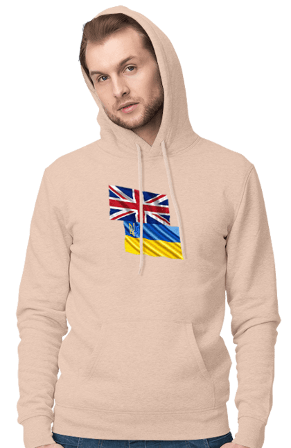 Чоловіче худі з принтом "Прапор Великої Британії, прапор України, Підтримка України". Британія, велика британія, війна, киев, мир, національні кольори, прапор, прапор британії, прапор великої британії. 2070702