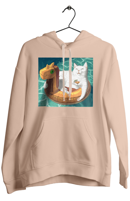 Чоловіче худі з принтом "Білий кіт у плавальному колі, на відпочинку". Басейн, відпочинок, кіт, коктейль, море, плавальний круг. 2070702