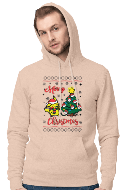 Men`s hoodie with prints Pikachu Merry Christmas!. Anime, christmas, game, manga, merry christmas, nintendo, pikachu, pokemon. 2070702