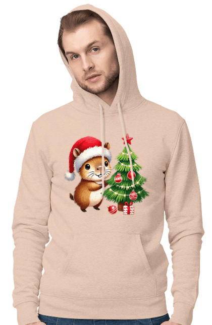 Men's hoodie with prints Christmas Capybara with a Tree. Animal, capybara, christmas, christmas capybara, christmas tree, gift, holiday, new year, new year`s gift, santa. 2070702