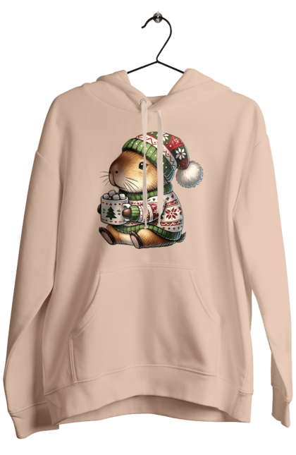 Men's hoodie with prints Capybara with hot chocolate. Animal, capybara, christmas, christmas capybara, gift, holiday, hot chocolate, new year, santa. 2070702