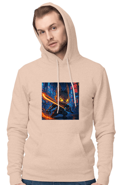 Чоловіче худі з принтом "Лабубу". Аніместиль, дія, катана, кіберніндзя, кіберпанк, лабубу, меч, неонове місто, очі` що світяться. 2070702