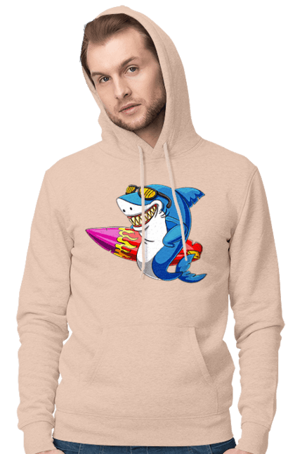 Men`s hoodie with prints Shark With Glasses Surfing. Glasses, shark, summer, surfing. 2070702