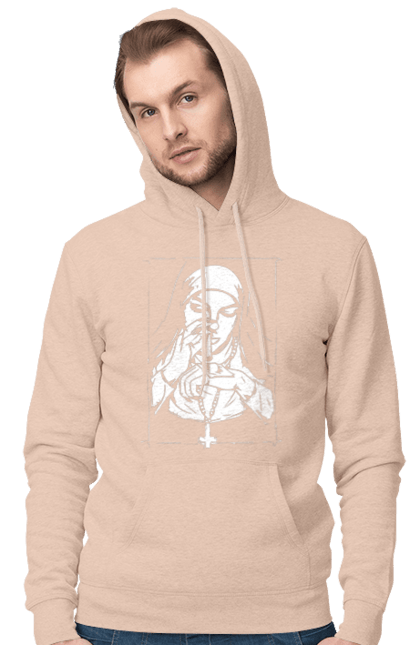 Men`s hoodie with prints The nun sniffs the powder. Cool, cross, fashionable, nun, popular. 2070702