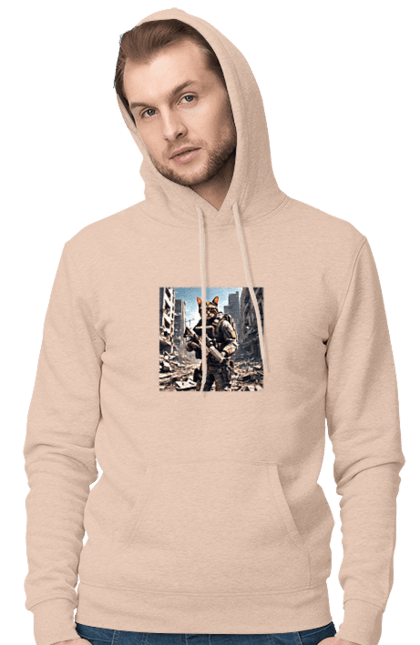 Чоловіче худі з принтом "Кіт десантник". Бронежилет, війна, військовий, гвинтівка, захисник, камуфляж, кіт, рушниця. 2070702