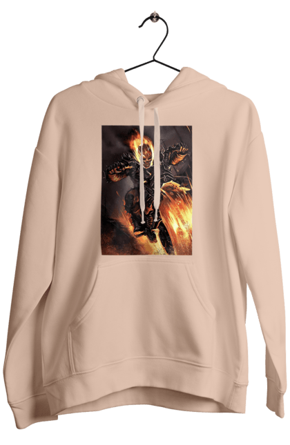Men`s hoodie with prints Hell Racer. Chopper, fire, hell racer, motorcycle, skeleton. 2070702