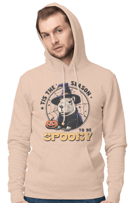 Men's hoodie with prints Capybara Halloween. Animal, capybara, ghost, halloween, holiday, moon, pumpkin, rodent, witch. 2070702