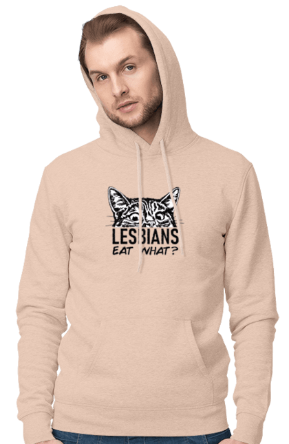 Men`s hoodie with prints What do lesbians eat?. Funny inscriptions, humor, jokes, kittens, lesbians, lgbt. 2070702
