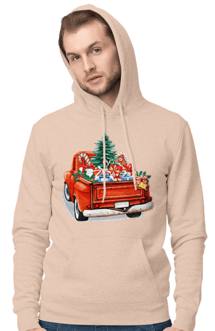 Men`s hoodie with prints Car with gifts. Car, christmas, new year, presents, santa, tree. 2070702