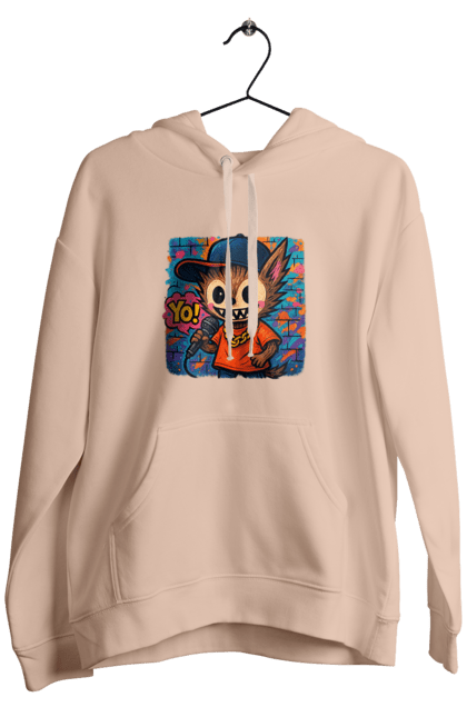 Чоловіче худі з принтом "Лабубу". Бейсболка, вуличне мистецтво, графіті, золотийланцюг, лабубу, мікрофон, міський стиль, репатмосфера, хіпхоп, яскраво. 2070702