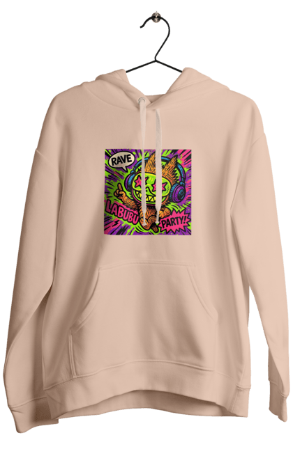 Чоловіче худі з принтом "Лабубу". Вечірка, вуличне мистецтво, графіті, зоряніочі, коміксстиль, лабубу, навушники, неон, попарт, рейв. 2070702