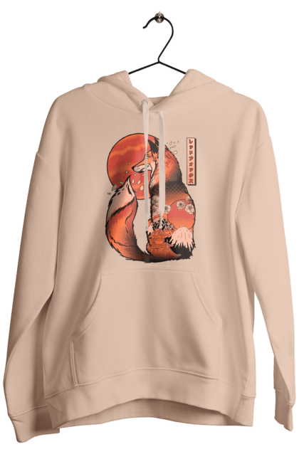 Men's hoodie with prints Kitsune. Animal, cherry blossoms, flowers, fox, great wave, japan, japanese, kitsune, mount fuji, red fox. 2070702