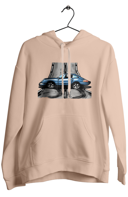 Men`s hoodie with prints Sports Car On The Road. Blue, car, fast, race, sports. 2070702