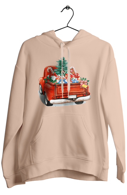 Men`s hoodie with prints Car with gifts. Car, christmas, new year, presents, santa, tree. 2070702