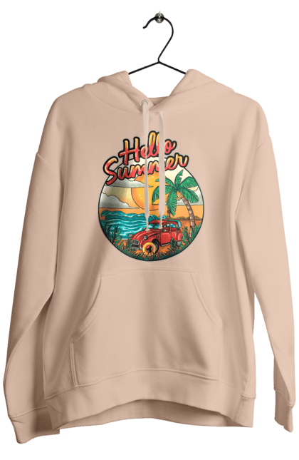 Men`s hoodie with prints Hello Summer, Car By The Sea. Beach, island, palm, summer. 2070702