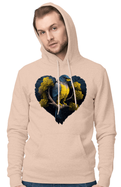 Men`s hoodie with prints Blue and yellow falcon. Falcon, flag of ukraine, heart, symbol of ukraine, tree, ukraine. 2070702