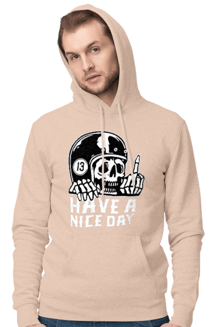 Men`s hoodie with prints Have a nice day. Fak, have a, nice day, scull, thirteen, with a skull. 2070702