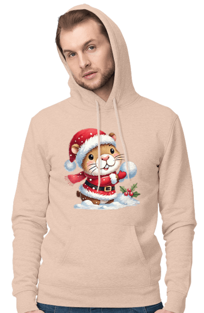 Men's hoodie with prints Capybara playing snowballs. Animal, capybara, christmas, christmas capybara, game, gift, holiday, new year, santa, snowballs. 2070702