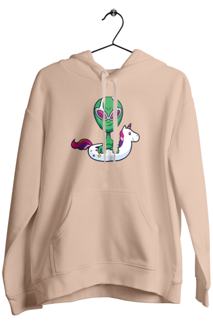 Men`s hoodie with prints Alien Floats In A Circle. Alien, inflatable circle, to swim. 2070702