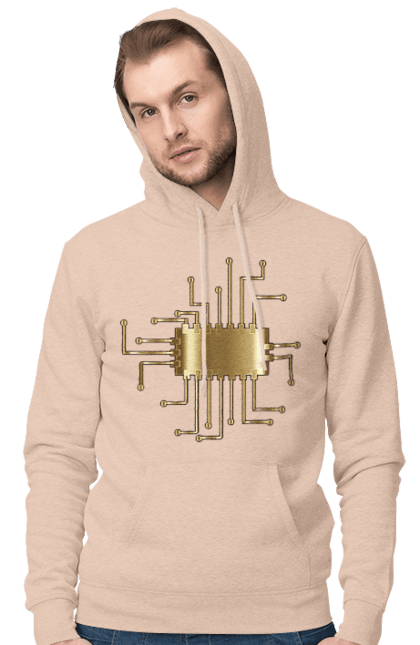 Чоловіче худі з принтом "Золотий Чіп". Айті, айтішник, гик, золотий, золото, інженер, кібернетика, код, комп, комп’ютерник, кристал, мікросхема, програміст, професія, розробник, чіп. 2070702