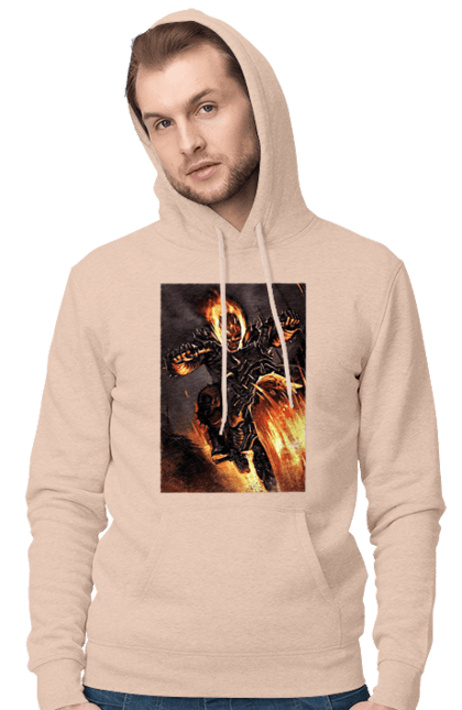 Men`s hoodie with prints Hell Racer. Chopper, fire, hell racer, motorcycle, skeleton. 2070702