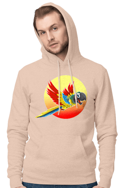 Чоловіче худі з принтом "Папуга На Тлі Сонця". Ара, веселий, відпочинок, відпустка, диск, жарко, жовтий, коло, кольоровий, крила, літає, літо, папуга, папужка, пір`я, політ, помаранчевий, птах, різнокольоровий, сонце, сонячно, спека, тепло, тропіки, у польоті, червоний. 2070702