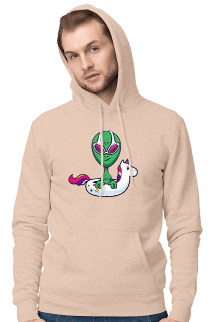 Men`s hoodie with prints Alien Floats In A Circle. Alien, inflatable circle, to swim. 2070702