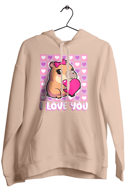 Чоловіче худі з принтом "Закохана капібара". I love you, валентинка, день святого валентина, капибара, кохання, милі тварини, пара капібар, романтика, романтичний подарунок, серця. 2070702