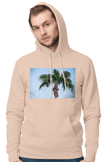 Чоловіче худі з принтом "Пальма на тлі неба". Берег, блакитне, відпочинок, відпустку, єгипет, зелений, зелені, лист, листя, море, небо, оазис, океан, острів, пальма, південь, подорож, пригоди, тропіки, туреччина. 2070702