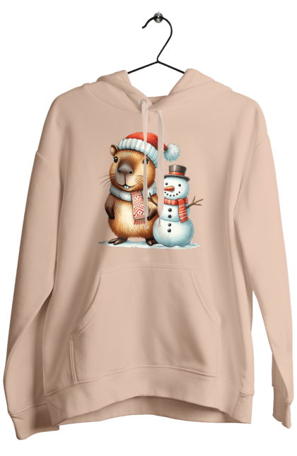 Men's hoodie with prints Capybara and Snowman. Animal, capybara, christmas, christmas capybara, gift, holiday, new year, new year`s gift, santa, snowman. 2070702