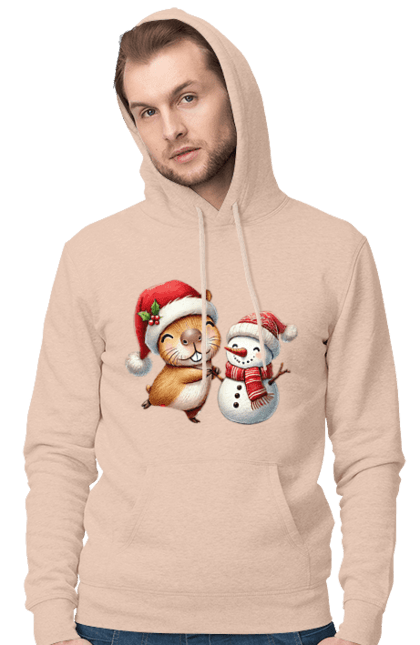 Men's hoodie with prints Capybara and Snowman. Animal, capybara, christmas, christmas capybara, gift, holiday, new year, new year`s gift, santa, snowman. 2070702