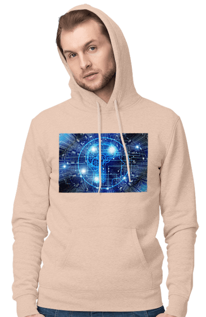 Чоловіче худі з принтом "Штучний інтелект". Айті, айтішник, гік, знання, інженер, інтелект, кібер, кібернетика, кіборг, код, комп, комп`ютерник, кристал, машинне навчання, мікросхема, мозок, портрет, програміст, професіонал, професія, розробник, розум, хакер, чіп, штучний інтелект, штучний розум. 2070702