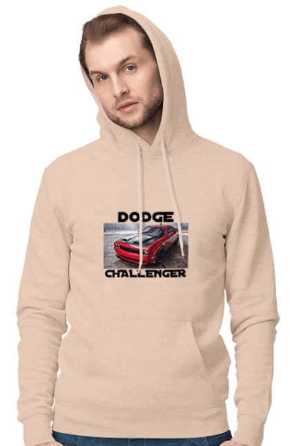 Men`s hoodie with prints Dodge challenger. An american legend, auto, car, classic car, cult car, dodge challenger, oil car, powerful car. 2070702