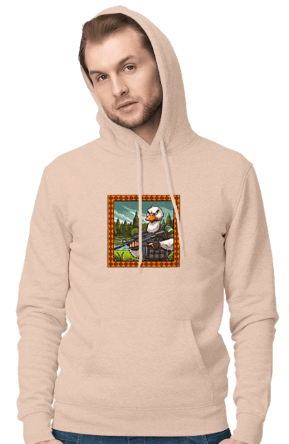 Мужское худи с принтом Гусиный десант. Биологическое оружие, боевые гуси, военный гусь, вооруженные силы, гусиный десант, символика, украина, флаг. 2070702