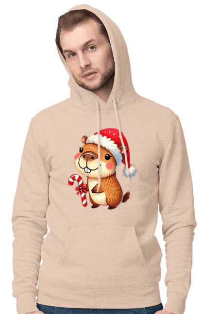 Men's hoodie with prints Capybara with Christmas Candy. Animal, capybara, christmas, christmas capybara, gift, holiday, lollipop, new year, new year`s gift, santa. 2070702