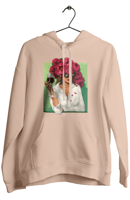 Men`s hoodie with prints Girl with peonies and a glass. Flower, girl, glasses, goblet, peonies, shirt, summer, wine. 2070702