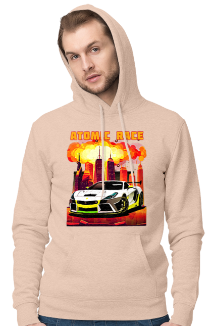 Чоловіче худі з принтом "Атомна гонка". Авто, автомобіль, атомні перегони, гонки, гоночні машини, спортивна машина, спорткар. 2070702