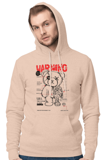 Men's hoodie with prints Robot bear. Attention, bear, details, robot, toy, warning. 2070702