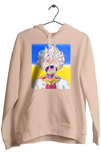 Чоловіче худі з принтом "Монкі д Луффі сміється на жовто блактному фоні". Ван піс, луффі, монкі д. луффі, прапор україни, символ україни, україна. 2070702