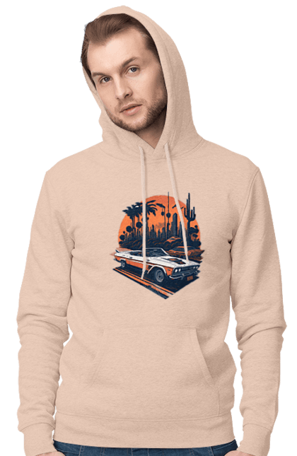 Men`s hoodie with prints Beautiful car at sunset. Auto, sun, sunset. 2070702