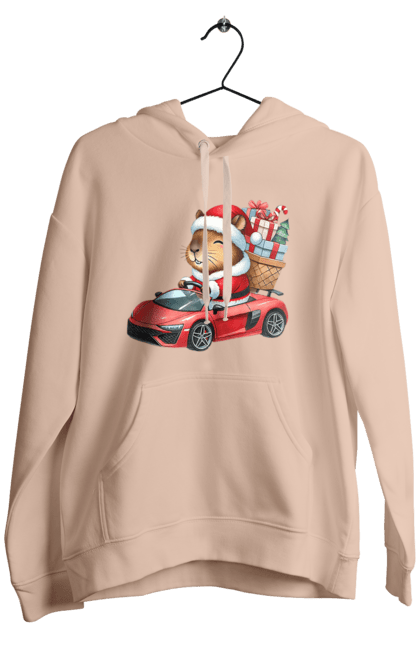 Men's hoodie with prints Christmas Capybara with a Gift. Animal, capybara, car, christmas, christmas capybara, gift, holiday, new year, new year`s gift, santa. 2070702