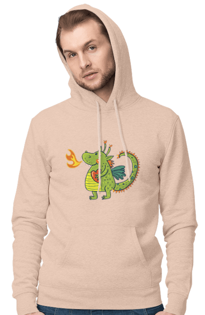 Men's hoodie with prints Dragon in love. Dragon, fire, green dragon, heart, hearts, love, new year, symbol 2024. 2070702