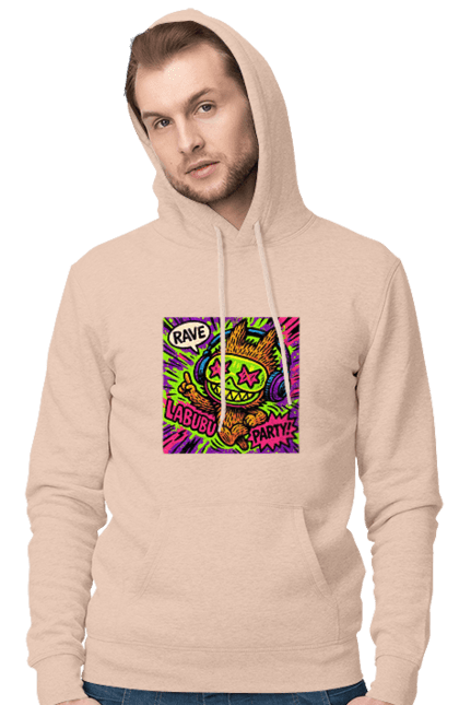 Чоловіче худі з принтом "Лабубу". Вечірка, вуличне мистецтво, графіті, зоряніочі, коміксстиль, лабубу, навушники, неон, попарт, рейв. 2070702