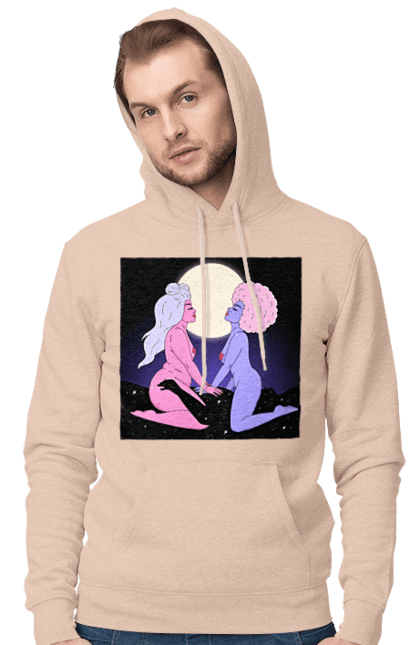 Чоловіче худі з принтом "Дві Інопланетянки І Місяць". Дівчата, зверху, інопланетянки. 2070702