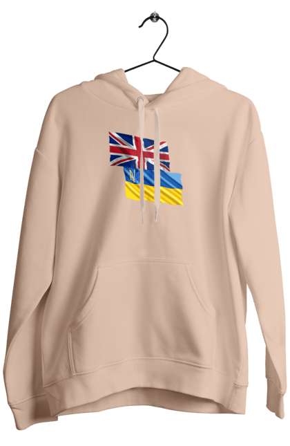 Чоловіче худі з принтом "Прапор Великої Британії, прапор України, Підтримка України". Британія, велика британія, війна, киев, мир, національні кольори, прапор, прапор британії, прапор великої британії. 2070702