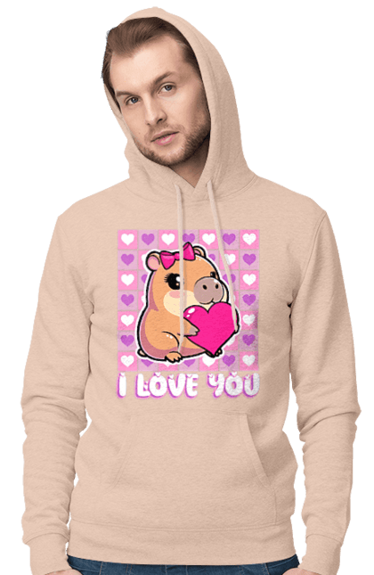 Чоловіче худі з принтом "Закохана капібара". I love you, валентинка, день святого валентина, капибара, кохання, милі тварини, пара капібар, романтика, романтичний подарунок, серця. 2070702