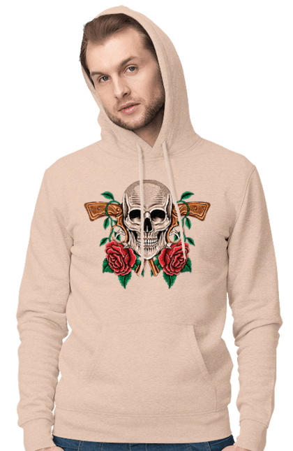 Men's hoodie with prints Skull with roses. Bones, eyes, flowers, gun, leaves, rose flower, scull, spikes, teeth. 2070702