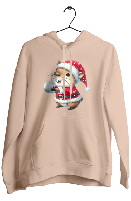 Men's hoodie with prints Capybara playing snowballs. Animal, capybara, christmas, christmas capybara, game, gift, holiday, new year, santa, snowballs. 2070702